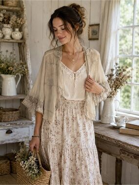 Young Threads Sheer Cottagecore Kimono Cardigan NWT Boho Lace Beige Small